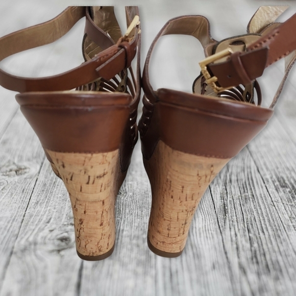 Guess Cage Gladiator Platform Cork Wedge Sandals 9.5 EUC Brown Natural - Picture 3 of 14
